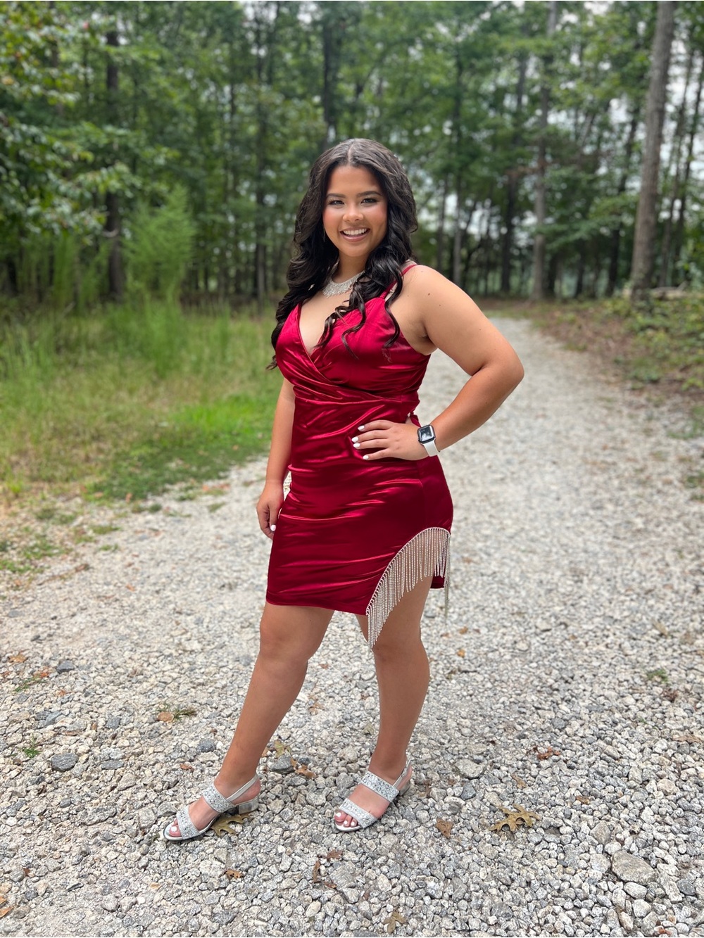 Red Satin Asymmetrical Fringe Mini Dress Hoco Party Reception